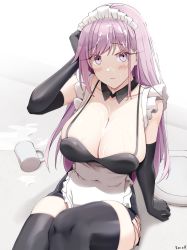 Rule 34 | 1girl, apron, artist name, black gloves, black thighhighs, blush, breasts, cleavage, closed mouth, collarbone, covered navel, cup, detached collar, elbow gloves, gloves, hand up, highres, keenh, large breasts, long hair, maid, maid headdress, original, pink eyes, pink hair, solo, thighhighs, thighs, tray, white apron, white headwear