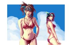Rule 34 | 2girls, :d, arm behind back, ass, bad id, bad pixiv id, bikini, blue sky, breasts, brown hair, cleavage, cloud, day, hair between eyes, hand on own hip, headband, kamiomutsu, light smile, lipstick, looking at viewer, looking back, makeup, medium breasts, multiple girls, navel, one side up, onihime (bare knuckle), open mouth, outdoors, profile, purple hair, sega, siblings, side ponytail, sideboob, sisters, sky, smile, standing, streets of rage, streets of rage 3, string bikini, swimsuit, twins, wallpaper, wide hips, yasha (bare knuckle)