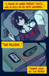 Rule 34 | 1boy, 1girl, 2koma, arm around waist, artist name, bags under eyes, bed, black eyes, black hair, black necktie, black sweater, blush, cassette tape, closed mouth, collarbone, comic, commentary, commission, couple, cuddling, curled fingers, dark-skinned male, dark skin, earphones, embarrassed, expressionless, hair between eyes, hair ornament, hand up, highres, hotzilla, listening to music, long bangs, long sleeves, lying, marvel, messy hair, miles morales, narrowed eyes, necktie, neon genesis evangelion, nose blush, off shoulder, on back, on bed, on side, parody, partially unbuttoned, peni parker, pillow, scene reference, seven-segment display, shared earphones, shirt, short hair, short sleeves, side-by-side, single horizontal stripe, sleeping, spanish commentary, spanish text, spider-man: across the spider-verse, spider-man (series), spider-verse, sweater, t-shirt, translated, unbuttoned, unbuttoned shirt, under covers, undone necktie, upturned eyes, walkman, white shirt, x hair ornament