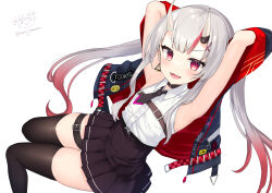 Rule 34 | 1girl, :d, armpits, arms behind head, arms up, bare shoulders, black jacket, black skirt, black thighhighs, collared shirt, commentary request, gradient hair, grey hair, hair ornament, highres, hololive, horns, jacket, long hair, looking at viewer, multicolored hair, nakiri ayame, nakiri ayame (streetwear), ochinsama, open clothes, open jacket, open mouth, pleated skirt, red eyes, red hair, shirt, signature, simple background, skirt, sleeveless, sleeveless shirt, smile, solo, streaked hair, thighhighs, twintails, twitter username, very long hair, virtual youtuber, white background, white shirt, x hair ornament