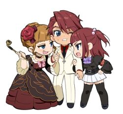 Rule 34 | 1boy, 2girls, arm grab, armband, beads, beatrice (umineko), belt, black choker, black footwear, black jacket, black necktie, black thighhighs, blonde hair, blue eyes, blunt bangs, bow, bowtie, brown dress, buttons, cheek press, chibi, chibi only, choker, commentary, double-breasted, dress, fang, flower, formal, frilled choker, frilled dress, frills, full body, girl sandwich, gown, hair beads, hair bun, hair flower, hair ornament, hand on own hip, highres, holding, holding hands, holding smoking pipe, jacket, juliet sleeves, kiseru, long sleeves, looking at another, medium hair, multiple girls, necktie, one eye closed, one side up, open mouth, pants, pink bow, pink bowtie, profile, puffy sleeves, purple bow, purple bowtie, red armband, red hair, sandwiched, shoes, short hair, sideways mouth, simple background, single hair bun, skirt, smirk, smoking pipe, standing, suit, sweatdrop, swept bangs, symbol-only commentary, thighhighs, umineko no naku koro ni, ushiromiya ange, ushiromiya battler, white background, white jacket, white pants, white skirt, white suit, wuliu heihuo