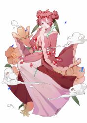 Rule 34 | 1girl, antenna hair, bow, cookie run, covering own mouth, flower, flower request, full body, gem, hair bow, highres, hiki furisode, japanese clothes, kimono, leaf, long eyelashes, long sleeves, looking at viewer, multiple hair bows, orange flower, pink kimono, pink robe, pomegranate cookie, red eyes, red gemstone, red hair, rina (pipi58293333), robe, short hair, sitting, sleeves past wrists, smoke, snake, solo, tsurime, white background, wide sleeves