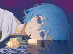 Rule 34 | 1girl, afloat, blue background, blue eyes, blue hair, cape, chinese commentary, collared cape, commentary request, different reflection, flower, fortissimo, hair ornament, highres, lao yali, looking at viewer, mahou shoujo madoka magica, mahou shoujo madoka magica (anime), miki sayaka, musical note, musical note hair ornament, portrait, reflection, reflective water, rose, sad smile, short hair, sideways, single tear, smile, solo, tulip, water, white cape, yellow flower, yellow rose, yellow tulip