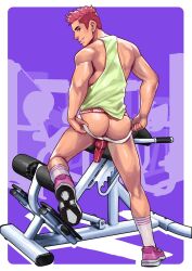 Rule 34 | 1boy, ass, back, bara, border, bulge, erection, erection under clothes, full body, green tank top, gym, hands on own ass, highres, jockstrap, looking at viewer, male focus, male underwear, maorenc, muscular, muscular male, original, pink footwear, pink hair, purple background, shoes, short hair, socks, solo, tank top, undercut, underwear, white border, white socks