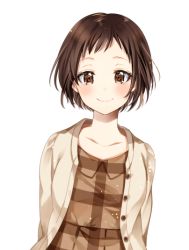 Rule 34 | 1girl, arms behind back, bad id, bad twitter id, bang dream!, beige cardigan, blush, brown dress, brown eyes, brown hair, cardigan, collarbone, dress, hazawa tsugumi, ito22oji, long sleeves, looking at viewer, plaid, plaid dress, short hair, simple background, smile, solo, upper body, white background