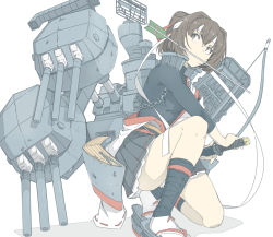Rule 34 | 1girl, arrow (projectile), arrow in mouth, black skirt, brown eyes, brown hair, cannon, commentary request, hachimaki, hair ribbon, headband, holding, holding sword, holding weapon, ise (kancolle), ise kai ni (kancolle), kantai collection, katana, looking to the side, machinery, mouth hold, ninimo nimo, panties, pantyshot, plaid, plaid skirt, ponytail, ribbon, rigging, sandals, sarashi, short hair, simple background, skirt, solo, squatting, sword, turret, underwear, weapon