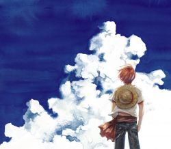 Rule 34 | 1boy, back, blue sky, cloud, denim, hat, jeans, male focus, one piece, outdoors, pants, red hair, sash, shanks (one piece), shirt, sky, solo, standing, straw hat, t-shirt, white shirt, wind, aged down