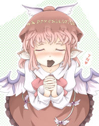 Rule 34 | 1girl, animal ears, blush, candy, chocolate, chocolate heart, dress, closed eyes, female focus, food, from above, halftone, halftone background, happy valentine, hat, heart, incoming kiss, interlocked fingers, marujin, mouth hold, mystia lorelei, own hands clasped, own hands together, pink hair, short hair, solo, touhou, valentine, wings
