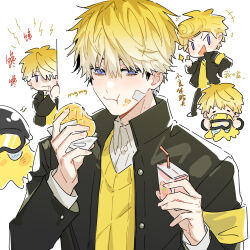 Rule 34 | +++, 1boy, absurdres, armband, bandaid, bandaid on cheek, bandaid on face, black headwear, black jacket, blonde hair, blush, bread, briskadet (sonny brisko), buttons, closed mouth, collared shirt, commentary request, drooling, eating, food, food on face, goggles, gradient hair, hair between eyes, hands up, helmet, highres, holding, holding food, jacket, juice box, keita kg85, long sleeves, looking at viewer, male focus, melon bread, mole, mole on neck, multicolored hair, multiple views, nijisanji, nijisanji en, open clothes, open jacket, purple eyes, shirt, short hair, simple background, sonny brisko, translation request, upper body, vest, virtual youtuber, white background, white hair, white shirt, yellow armband, yellow vest