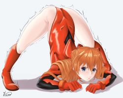 Rule 34 | 1girl, absurdres, adapted costume, artist request, ass, bare legs, bodysuit, boot, brown hair, flexible, hair ornament, highleg, highleg leotard, highres, interface headset, jack-o&#039; challenge, legs up, leotard, long hair, looking at viewer, meme, neon genesis evangelion, plugsuit, red bodysuit, red eyes, red leotard, shiny clothes, simple background, solo, souryuu asuka langley, spread legs, stretching, two side up, wide spread legs