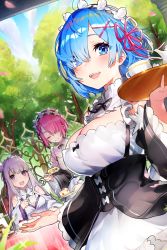 Rule 34 | 3girls, :d, apron, black dress, black ribbon, blue eyes, blue hair, blue ribbon, blunt bangs, blush, breasts, cake, cake slice, cleavage, closed eyes, commentary request, cup, day, detached collar, detached sleeves, dress, emilia (re:zero), female focus, flower, food, frilled sleeves, frills, hair between eyes, hair flower, hair ornament, hair over one eye, hair ribbon, hand up, highres, holding, holding tray, large breasts, long hair, long sleeves, looking at viewer, maid, maid headdress, matching hair/eyes, medium breasts, mika pikazo, multiple girls, neck ribbon, open mouth, outdoors, petals, pink hair, pink ribbon, plate, purple eyes, purple hair, purple ribbon, ram (re:zero), re:zero kara hajimeru isekai seikatsu, red ribbon, rem (re:zero), ribbon, roswaal mansion maid uniform, short hair, siblings, sisters, sitting, smile, table, teacup, teapot, teeth, tray, tree, twins, underbust, upper teeth only, white apron, wide sleeves, x hair ornament