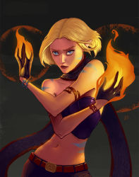 Rule 34 | 1girl, armlet, belt, black background, blonde hair, blue eyes, bodypaint, contrapposto, crossed arms, dark background, expressionless, fire, gradient background, laria ighaan, leather belt, looking at viewer, midriff, mirage noir, navel, purple scarf, pyrokinesis, scarf, short gloves, short hair, solo, strapless, tsurime, tube top, upper body, v-shaped eyebrows, war paint, wind