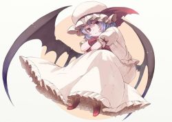 Rule 34 | 1girl, bad id, bad twitter id, bat wings, closed mouth, crossed arms, frilled skirt, frills, full body, fuurin (omaemona), hat, hat ribbon, head tilt, image sample, long skirt, looking at viewer, low wings, md5 mismatch, mob cap, puffy sleeves, purple hair, red eyes, red footwear, remilia scarlet, resized, ribbon, shoes, short sleeves, sitting, skirt, smile, solo, touhou, wings, wrist cuffs