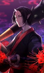 Rule 34 | 10s, 1boy, artist name, black hair, chinese lantern (plant), club, club (weapon), fang, flower, hoozuki (hoozuki no reitetsu), hoozuki no reitetsu, horns, kanabou, male focus, night, oni, oni horns, over shoulder, pointy ears, serious, single horn, spider lily, spiked club, standing, vasabello (nok), weapon
