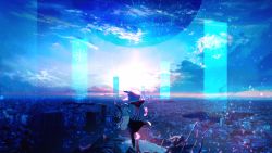Rule 34 | 1other, ambiguous gender, blue sky, blue theme, cityscape, commentary, facing away, full body, glitch, highres, hood, hoodie, kyuko2go, lens flare, long image, original, planet, reaching, reaching towards viewer, satellite, scenery, short hair, sky, sleeves past wrists, solo, tagme, white hair, white hoodie, wide image, wide shot