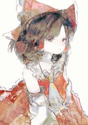 Rule 34 | 1girl, bare shoulders, bow, brown eyes, brown hair, detached sleeves, frilled bow, frilled shirt collar, frills, hair bow, hair tubes, hakurei reimu, highres, pale skin, simple background, solo, touhou, tsukamoto anabone, white background