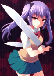 Rule 34 | 1girl, black ribbon, blood, blood splatter, commentary request, cowboy shot, dual wielding, fate (series), green skirt, grin, hair ribbon, holding, holding knife, kitchen knife, knife, looking at viewer, matou sakura, nagami yuu, orange eyes, over shoulder, pleated skirt, purple hair, red ribbon, reverse grip, ribbon, school uniform, shaded face, skirt, smile, solo, two side up, weapon, weapon over shoulder