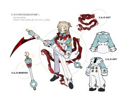 Rule 34 | 1other, 21 ke, absurdres, bib, black footwear, black necktie, blue shirt, brown hair, chinese text, e.g.o (project moon), employee (project moon), english text, full body, highres, holding, holding scythe, intestines, lobotomy corporation, long hair, long sleeves, mixed-language text, necktie, original, overalls, pants, project moon, rattle, scythe, shirt, shoes, solo, two side up, vest, white overalls, white pants, white vest