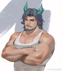 Rule 34 | 1boy, animal ears, bara, beard, cow boy, cow ears, cow horns, crossed arms, facial hair, green horns, grey hair, highres, horns, large pectorals, looking ahead, male focus, mature male, mr samoye, muscular, muscular male, mustache, original, pectoral cleavage, pectorals, see-through, shirt, short hair, solo, tank top, thick eyebrows, upper body, wet, wet clothes, wet shirt, white tank top