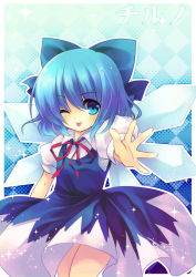 Rule 34 | 1girl, :p, blouse, blue background, character name, cirno, cowboy shot, dress, embodiment of scarlet devil, female focus, foreshortening, gradient background, halftone, one eye closed, outline, pinafore dress, reaching, reaching towards viewer, shinia, shirt, sleeveless, sleeveless dress, solo, sparkle, tongue, tongue out, touhou, white shirt, wings, wink