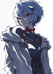 Rule 34 | 1girl, absurdres, ayanami rei, bad id, bad pixiv id, black bodysuit, blue hair, bodysuit, evangelion: 3.0 you can (not) redo, hair between eyes, hair ornament, highres, hood, hooded jacket, interface headset, jacket, neon genesis evangelion, off shoulder, open clothes, open jacket, parted lips, pension z, plugsuit, rebuild of evangelion, red eyes, short hair, simple background, solo, thick outlines, upper body, white background, white jacket