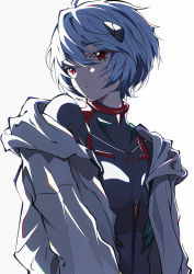 1girl absurdres ayanami_rei bad_id bad_pixiv_id black_bodysuit blue_hair bodysuit evangelion:_3.0_you_can_(not)_redo hair_between_eyes hair_ornament highres hood hooded_jacket interface_headset jacket neon_genesis_evangelion off_shoulder open_clothes open_jacket parted_lips pension_z plugsuit rebuild_of_evangelion red_eyes short_hair simple_background solo thick_outlines upper_body white_background white_jacket