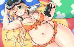Rule 34 | 1girl, arm up, better-with-salt, bikini, blonde hair, blush, breasts, character request, controller, copyright request, cowboy shot, cushion, dot nose, game controller, green eyes, hair between eyes, hair spread out, head-mounted display, headphones, holding, large breasts, long hair, looking at viewer, lying, muffin top, navel, on back, one eye closed, open mouth, orange bikini, plump, solo, straight-on, swimsuit, thick arms, thick thighs, thighs
