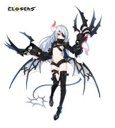 Rule 34 | 1girl, ankle boots, asymmetrical footwear, belt, belt bra, black belt, black footwear, black shorts, black shrug, black thighhighs, boots, breasts, claw (weapon), closers, copyright name, demon girl, demon horns, demon tail, demon wings, eyepatch, foot up, full body, grin, hands up, highres, horns, logo, long hair, looking at viewer, navel, official art, red eyes, seth (closers), short shorts, shorts, shrug (clothing), single horn, single thighhigh, small breasts, smile, solo, standing, standing on one leg, stomach, tachi-e, tail, teeth, thigh belt, thigh boots, thigh strap, thighhighs, uneven footwear, very long hair, weapon, white hair, wings