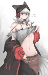 ... 1girl absurdres animal_ears arknights bare_shoulders black_hat blush breasts brown_pantyhose cleavage closed_mouth clothes_writing commentary_request cowboy_shot ears_through_headwear frostleaf_(arknights) grey_background grey_hair grey_tail groin hat headphones highres linea_alba long_hair long_sleeves looking_at_viewer material_growth medium_breasts navel nose_blush nyo_(fy_1) oripathy_lesion_(arknights) panties pantyhose partial_commentary red_eyes solo spoken_ellipsis standing tail underwear undressing white_background white_panties