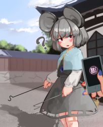 Rule 34 | 1girl, ?, animal ears, blush, commentary, cowboy shot, dowsing rod, dress, gold trim, grey dress, grey hair, grey skirt, highres, holding, holding phone, holding with tail, jewelry, long sleeves, looking at another, looking to the side, medium hair, mouse ears, mouse girl, mouse tail, nazrin, open mouth, pendant, phone, prehensile tail, red eyes, skirt, standing, tail, touhou, zakozako y