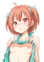 Rule 34 | 1girl, :o, ahoge, bad id, bad pixiv id, bare shoulders, blue bow, blush, bow, breasts, brown eyes, brown hair, chestnut mouth, clothes lift, collarbone, commentary request, dress, dress lift, fingernails, gradient eyes, hair bow, hair ornament, hands up, highres, lifted by self, looking at viewer, multicolored eyes, navel, nipples, no bra, open mouth, original, purple eyes, shirt lift, short hair, simple background, sleeveless, small breasts, solo, standing, tenzeru, two side up, white background