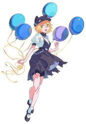 Rule 34 | 1girl, balloon, belt, black belt, black dress, black footwear, black hat, blonde hair, cabbie hat, don quixote (project moon), dress, hand up, hat, holding, holding balloon, limbus company, liyln02617464, looking at viewer, mary janes, project moon, puffy short sleeves, puffy sleeves, shirt, shoes, short hair, short sleeves, simple background, socks, solo, white background, white shirt, white socks, yellow eyes