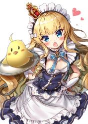 Rule 34 | 1girl, akabane (zebrasmise), alternate costume, azur lane, bird, blonde hair, blue eyes, breasts, chestnut mouth, chick, crown, curly hair, enmaided, headband, long hair, looking at viewer, maid, plate, queen elizabeth (azur lane), ribbon, small breasts, solo, v-shaped eyebrows, white background