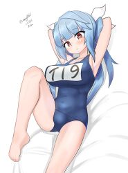 Rule 34 | 1girl, absurdres, arms behind back, barefoot, blue hair, blue one-piece swimsuit, breasts, character name, cowboy shot, dated, hair ribbon, highres, i-19 (kancolle), kantai collection, large breasts, long hair, looking at viewer, lying, maru (marg0613), name tag, one-hour drawing challenge, one-piece swimsuit, red eyes, ribbon, school swimsuit, solo, star-shaped pupils, star (symbol), swimsuit, symbol-shaped pupils, twitter username, white background