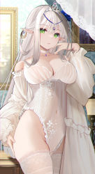 Rule 34 | 1girl, bare shoulders, breasts, choker, cleavage, closed mouth, collarbone, covered navel, cowboy shot, ear piercing, elf, forehead jewel, frills, green eyes, highres, indoors, lace, lace-trimmed legwear, lace choker, lace trim, large breasts, leotard, long hair, looking at viewer, muka tsuku, original, piercing, pointy ears, resolution mismatch, sidelocks, solo, source smaller, thighhighs, tiara, very long hair, white hair, white thighhighs