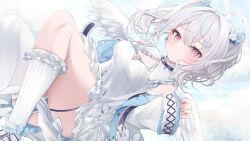 Rule 34 | 1girl, blue bow, blush, bow, breasts, cleavage, commission, crossed bangs, detached collar, detached sleeves, dot nose, dress, feathered wings, feet out of frame, grey hair, hair between eyes, hair bow, indie virtual youtuber, kneehighs, kurage cc, large breasts, legs apart, long sleeves, looking at viewer, pink eyes, pleated dress, short dress, short hair, short twintails, sideways, single thighhigh, skeb commission, socks, solo, thigh strap, thighhighs, thighs, tomori yuni, twintails, virtual youtuber, white dress, white sleeves, white socks, white wings, wings