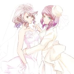 Rule 34 | 10s, 2girls, alisha diphda, bare shoulders, blue eyes, breasts, dress, flower, formal, gloves, green eyes, hair between eyes, hair ornament, hair tubes, hat, holding hands, multiple girls, pants, ponytail, red hair, rose (tales), see-through, short hair, simple background, suit, tales of (series), tales of zestiria, veil, wedding dress, white background, white hat