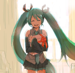 Rule 34 | 1girl, bad id, bad pixiv id, detached sleeves, gift, green hair, happy, hatsune miku, holding, holding gift, kiikanna, long hair, miniskirt, ribbon, skirt, smile, solo, twintails, very long hair, vocaloid, window