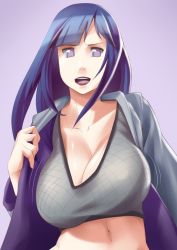 Rule 34 | 1girl, blue hair, bouncing breasts, breasts, cleavage, collarbone, fishnets, highres, hood, hoodie, huge breasts, hyuuga hinata, lipstick, long hair, makeup, maydrawfag, midriff, naruto: road to ninja, naruto (series), naruto shippuuden, navel, no bra, open clothes, open hoodie, open mouth, purple eyes, solo, unaligned breasts, undressing