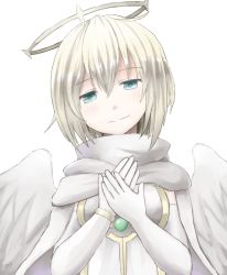 Rule 34 | 1girl, angel, angel wings, aoiyamagi4, bad id, bad pixiv id, blue eyes, breasts, cape, elbow gloves, gloves, halo, looking at viewer, niel (sennen sensou aigis), sennen sensou aigis, short hair, simple background, small breasts, solo, upper body, white background, white cape, white gloves, white hair, wings