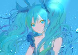 Rule 34 | 1girl, blue background, blue bow, blue dress, blue eyes, blue hair, blue theme, blush scarlet, bow, breasts, bubble, cleavage, collarbone, dress, floating hair, hair between eyes, hair bow, hatsune miku, long hair, parted lips, shinkai shoujo (vocaloid), sleeveless, sleeveless dress, small breasts, solo, twintails, underwater, upper body, very long hair, vocaloid