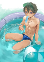 Rule 34 | 1boy, absurdres, aki (akito l904), ball, beachball, black hair, blue male swimwear, commentary request, food, grey eyes, highres, hose, jewelry, male focus, male swimwear, mouth hold, navel, necklace, original, partially submerged, popsicle, short hair, solo, swim briefs, visor cap, wading pool, water
