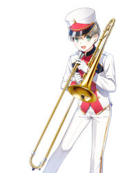 Rule 34 | 1boy, :d, band uniform, brown hair, buttons, closers, collared jacket, double-breasted, feet out of frame, gloves, green eyes, hand up, hat, high collar, highres, holding, holding instrument, holding trombone, instrument, jacket, leaning forward, legs apart, long sleeves, looking at viewer, looking to the side, male focus, marching band, mistilteinn (closers), official art, open mouth, pants, shako cap, short hair, single vertical stripe, smile, solo, standing, teeth, trombone, uniform, upper teeth only, white background, white gloves, white headwear, white jacket, white pants