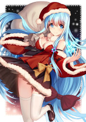 Rule 34 | 1girl, bare shoulders, bison cangshu, blue eyes, breasts, carrying, cleavage, detached sleeves, dress, hat, jewelry, long hair, looking at viewer, md5 mismatch, off-shoulder dress, off shoulder, red dress, ring, sack, santa costume, santa hat, shirayuki (warship girls r), smile, solo, thighhighs, warship girls r, wedding band, white thighhighs, zettai ryouiki