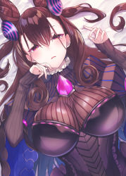 Rule 34 | 1girl, bed sheet, black dress, blush, breasts, brown hair, collar, commentary request, cone hair bun, crying, crying with eyes open, curly hair, double bun, dress, fate/grand order, fate (series), fingernails, frilled collar, frills, gem, hair between eyes, hair bun, hair ornament, half-closed eyes, hands up, high collar, juliet sleeves, large breasts, long fingernails, long hair, long sleeves, looking at viewer, lying, murasaki shikibu (fate), on back, parted lips, puffy sleeves, purple eyes, purple gemstone, ribbed dress, sidelocks, sleeves past wrists, solo, suzuho hotaru, tears, two side up, underbust, upper body, very long hair, wide sleeves