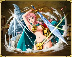 Rule 34 | 1girl, arm up, armor, armpits, bikini armor, braid, breasts, cape, female focus, gladiator, gloves, helmet, large breasts, long hair, matching hair/eyes, navel, official art, one piece, one piece: treasure cruise, pink eyes, pink hair, rebecca (one piece), smile, solo, sword, weapon