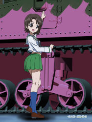 Rule 34 | 1girl, arm up, artist name, black neckerchief, blouse, blue socks, brown eyes, brown footwear, brown hair, commentary, dated, from side, full body, girls und panzer, green skirt, heel up, highres, kneepits, loafers, long sleeves, looking at viewer, looking back, m3 lee, midriff, military, military vehicle, miniskirt, motor vehicle, naotosi, neckerchief, ooarai school uniform, open mouth, parted bangs, pleated skirt, sailor collar, sawa azusa, school uniform, serafuku, shirt, shoes, short hair, skirt, smile, socks, solo, standing, tank, white sailor collar, white shirt