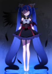 Rule 34 | 1girl, armor, barefoot, black dress, black wings, blue cape, bow, brooch, cape, closed mouth, commentary request, cure sky, cut bangs, cure sky (dark), dark persona, detached sleeves, dress, dress bow, earrings, expressionless, feathered wings, feathers, frilled dress, frills, full body, grey dress, highres, hirogaru sky! precure, jewelry, kyanos (b 0000ff), long hair, magical girl, multicolored clothes, multicolored dress, multicolored hair, partial commentary, pauldrons, precure, puffy detached sleeves, puffy sleeves, red hair, reflection, short dress, shoulder armor, single pauldron, single sidelock, single wing, sleeveless, sleeveless dress, solo, sora harewataru, spiked pauldrons, standing, streaked hair, torn cape, torn clothes, twintails, wing brooch, wing hair ornament, wings