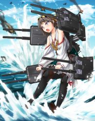 Rule 34 | 10s, 1girl, blue eyes, boots, brown hair, detached sleeves, gun, hairband, headgear, hiei (kancolle), highres, japanese clothes, kantai collection, magu (mugsfc), open mouth, pantyhose, personification, short hair, solo, splashing, thigh boots, thighhighs, water, weapon