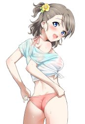 Rule 34 | 1girl, :d, adjusting clothes, adjusting swimsuit, alternate hairstyle, ass, bikini, bikini under clothes, blue eyes, blue nails, blush, breasts, brown hair, butt crack, cowboy shot, crop top, flower, from behind, hair flower, hair ornament, hairclip, halterneck, highres, love live!, love live! sunshine!!, medium breasts, nail polish, no pants, off shoulder, one side up, open mouth, pink bikini, sankuro (agoitei), see-through, shirt, simple background, smile, solo, swimsuit, tied shirt, watanabe you, wet, wet hair, white background